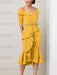 Mustard Yellow off the shoulder mother of the bride midi dress with beaded belt