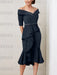 Navy Blue off the shoulder mother of the bride midi dress with beaded belt