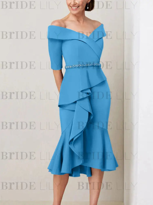 Ocean Blue off the shoulder mother of the bride midi dress with beaded belt