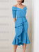 Ocean Blue off the shoulder mother of the bride midi dress with beaded belt