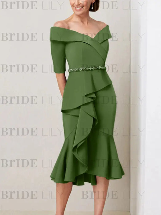 Olive Green off the shoulder mother of the bride midi dress with beaded belt