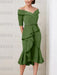 Olive Green off the shoulder mother of the bride midi dress with beaded belt