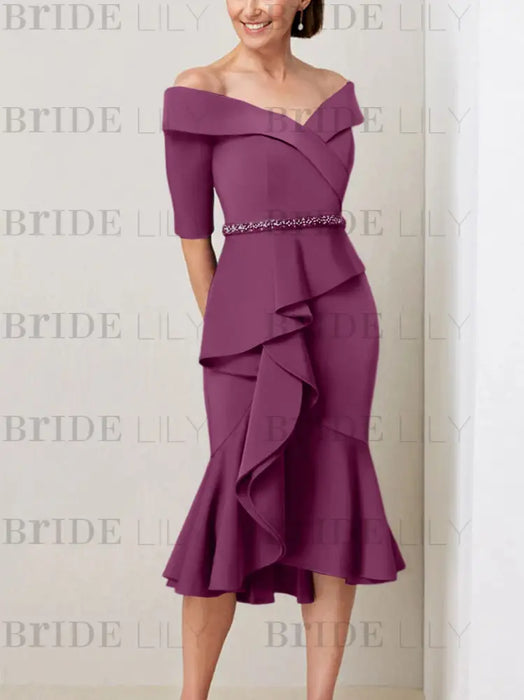 Orchid off the shoulder mother of the bride midi dress with beaded belt