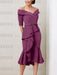 Orchid off the shoulder mother of the bride midi dress with beaded belt