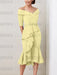 Off the shoulder crepe midi dress with a beaded belt in pale yellow