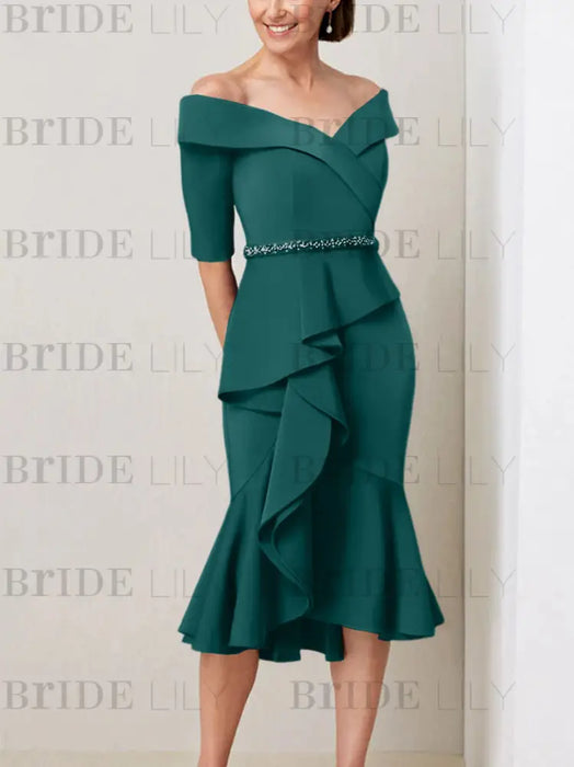 Peacock off the shoulder mother of the bride midi dress with beaded belt