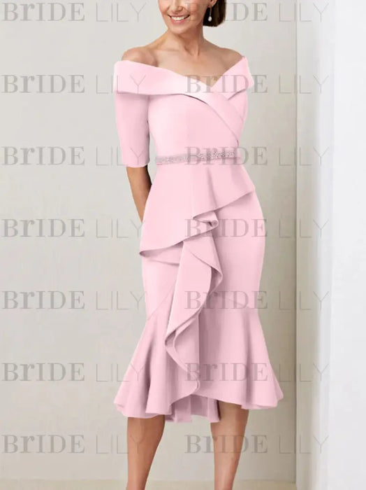 Pink off the shoulder mother of the bride midi dress with beaded belt