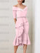 Pink off the shoulder mother of the bride midi dress with beaded belt
