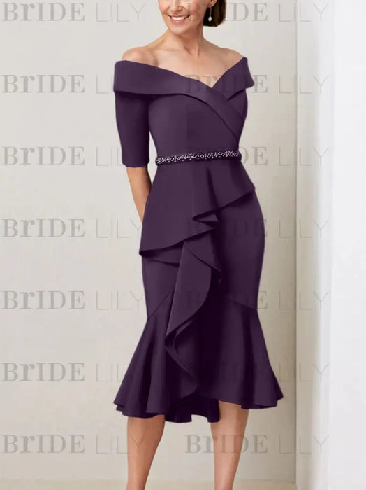 Plum off the shoulder mother of the bride midi dress with beaded belt