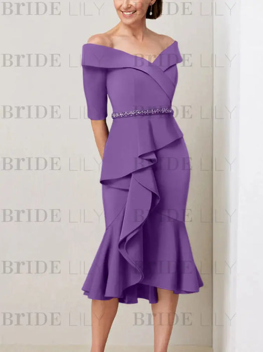 Purple off the shoulder mother of the bride midi dress with beaded belt