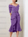 Purple off the shoulder mother of the bride midi dress with beaded belt