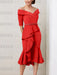 Red off the shoulder mother of the bride midi dress with beaded belt