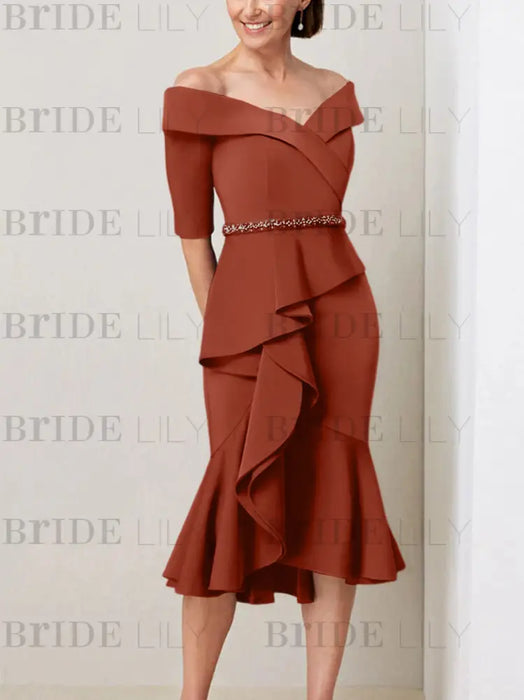 Rust off the shoulder mother of the bride midi dress with beaded belt