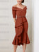 Rust off the shoulder mother of the bride midi dress with beaded belt