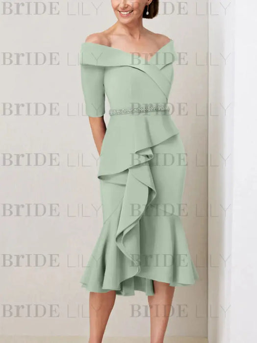 Sage off the shoulder mother of the bride midi dress with beaded belt