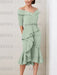 Sage off the shoulder mother of the bride midi dress with beaded belt