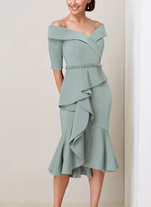 Off the shoulder crepe midi dress with a beaded belt in sage green