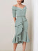 Off the shoulder crepe midi dress with a beaded belt in sage green