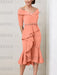 Salmon off the shoulder mother of the bride midi dress with beaded belt