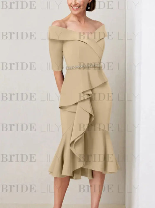 Off the shoulder crepe midi dress with a beaded belt in sand beige