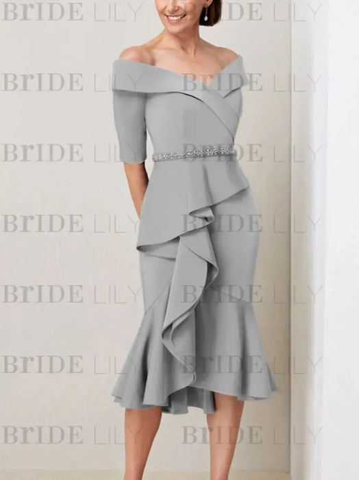 Silver off the shoulder mother of the bride midi dress with beaded belt