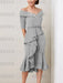 Silver off the shoulder mother of the bride midi dress with beaded belt
