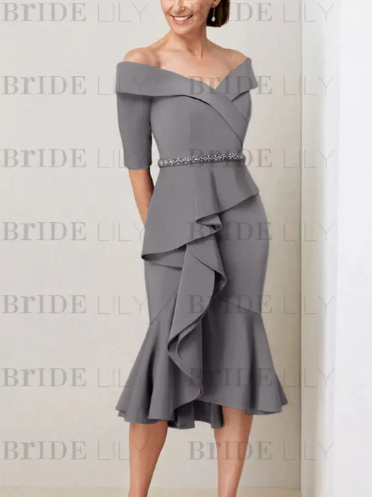 Silver Gray off the shoulder mother of the bride midi dress with beaded belt