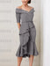 Silver Gray off the shoulder mother of the bride midi dress with beaded belt