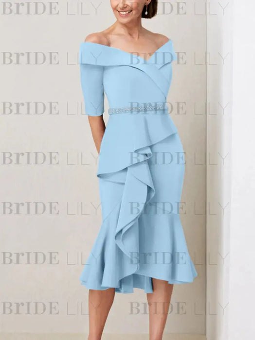 Sky Blue off the shoulder mother of the bride midi dress with beaded belt