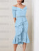 Sky Blue off the shoulder mother of the bride midi dress with beaded belt