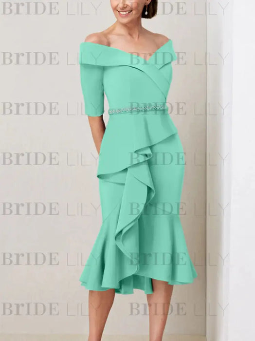 Spa off the shoulder mother of the bride midi dress with beaded belt