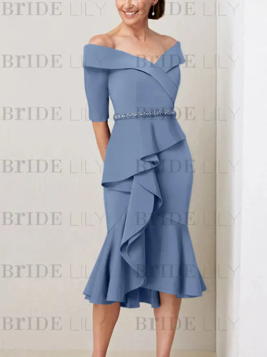 Steel Blue off the shoulder mother of the bride midi dress with beaded belt