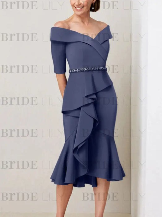 Stormy Blue off the shoulder mother of the bride midi dress with beaded belt
