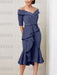 Stormy Blue off the shoulder mother of the bride midi dress with beaded belt