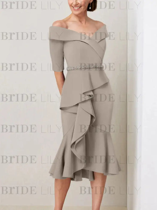 Taupe off the shoulder mother of the bride midi dress with beaded belt
