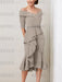 Taupe off the shoulder mother of the bride midi dress with beaded belt