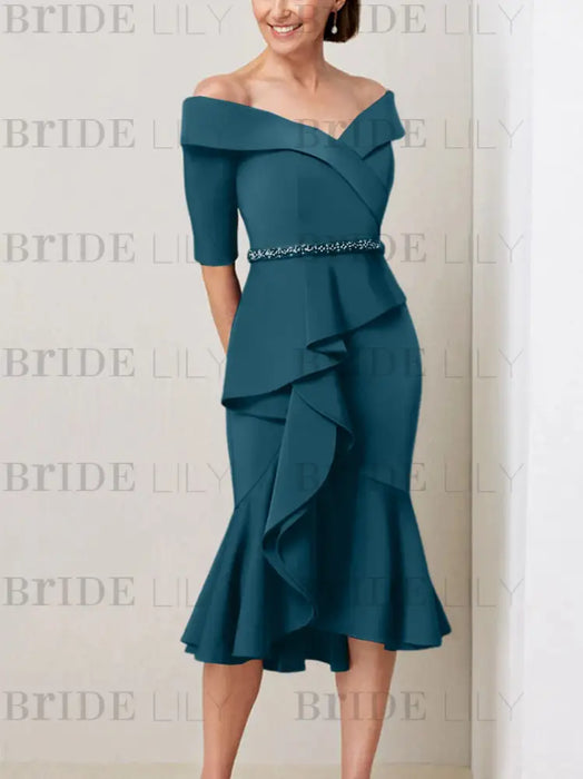 Teal off the shoulder mother of the bride midi dress with beaded belt
