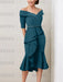 Teal off the shoulder mother of the bride midi dress with beaded belt