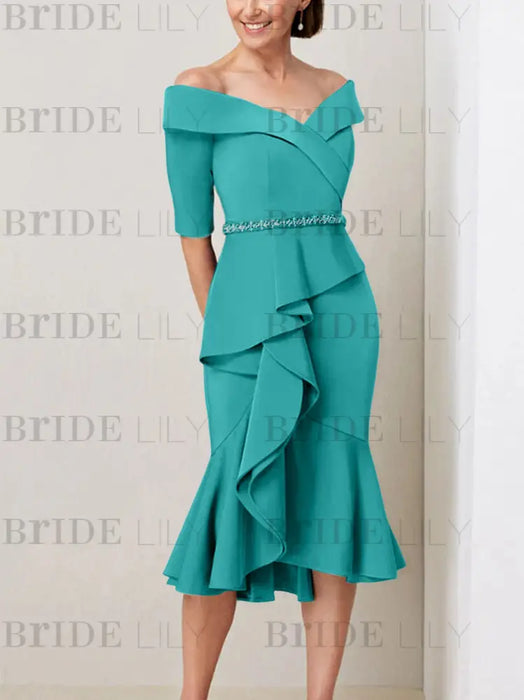 Off the shoulder crepe midi dress with a beaded belt in turquoise
