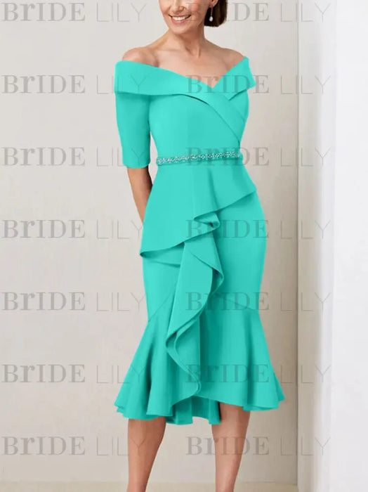 Turquoise off the shoulder mother of the bride midi dress with beaded belt