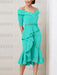 Turquoise off the shoulder mother of the bride midi dress with beaded belt