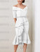 White off the shoulder mother of the bride midi dress with beaded belt