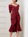 Wine Red off the shoulder mother of the bride midi dress with beaded belt
