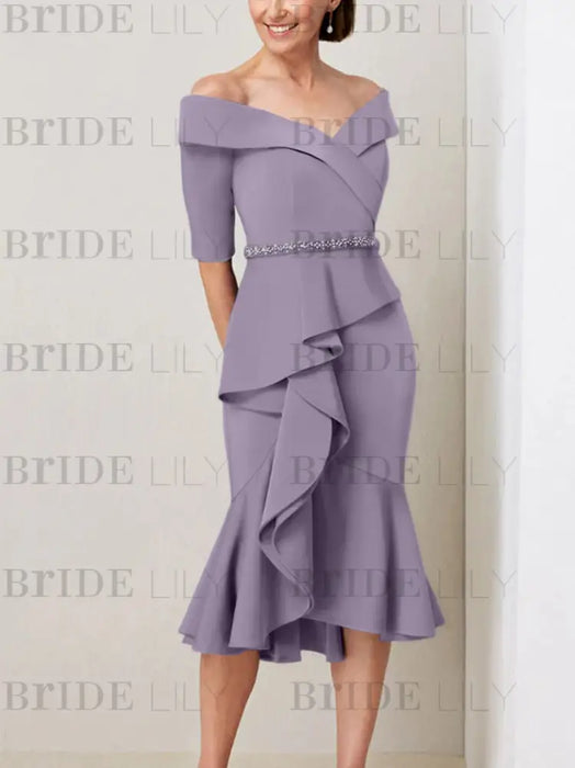 Wisteria off the shoulder mother of the bride midi dress with beaded belt