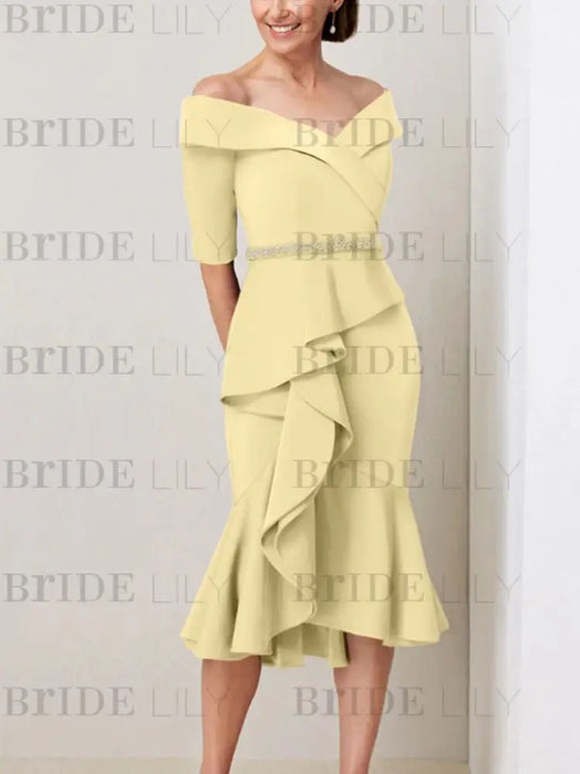 Yellow off the shoulder mother of the bride midi dress with beaded belt