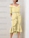 Yellow off the shoulder mother of the bride midi dress with beaded belt