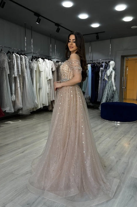 Off-the-Shoulder Beaded Mermaid Evening Maxi Dress with Deetachable Train