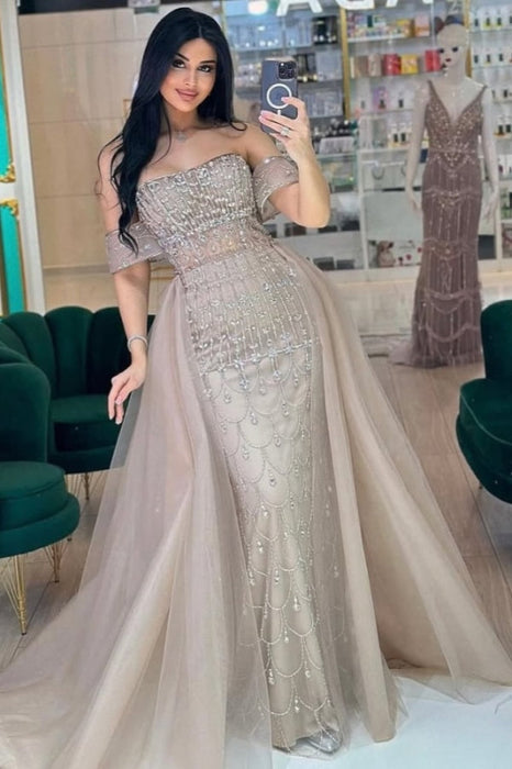 Off-the-Shoulder Beaded Mermaid Evening Maxi Dress with Deetachable Train
