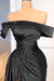 Off the Shoulder Beaded Ruched Satin Evening Dress with Front Split