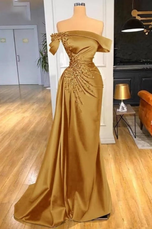 Off the Shoulder Beaded Ruched Satin Evening Dress with Front Split